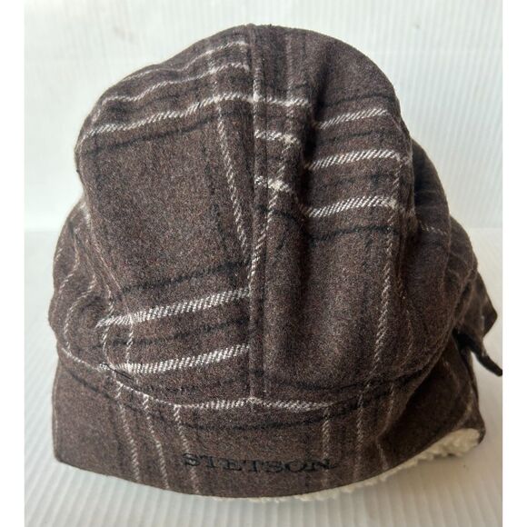 Stetson Trapper Winter Hat Brown Plaid Wool Blend Faux Sherpa Fur Lined One Size - Picture 6 of 8